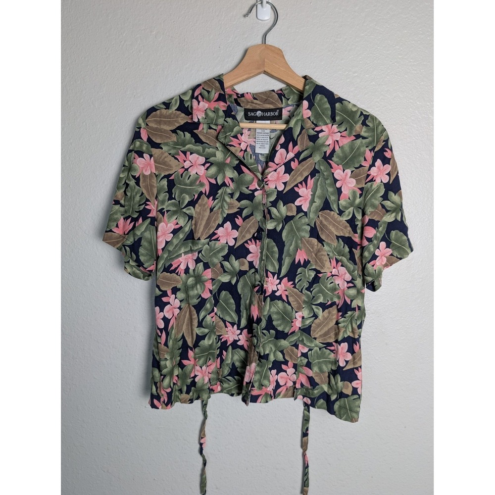 Sag Harbor Button-Up Womens M Blue Floral Short Sleeve Collared Relaxed Fit